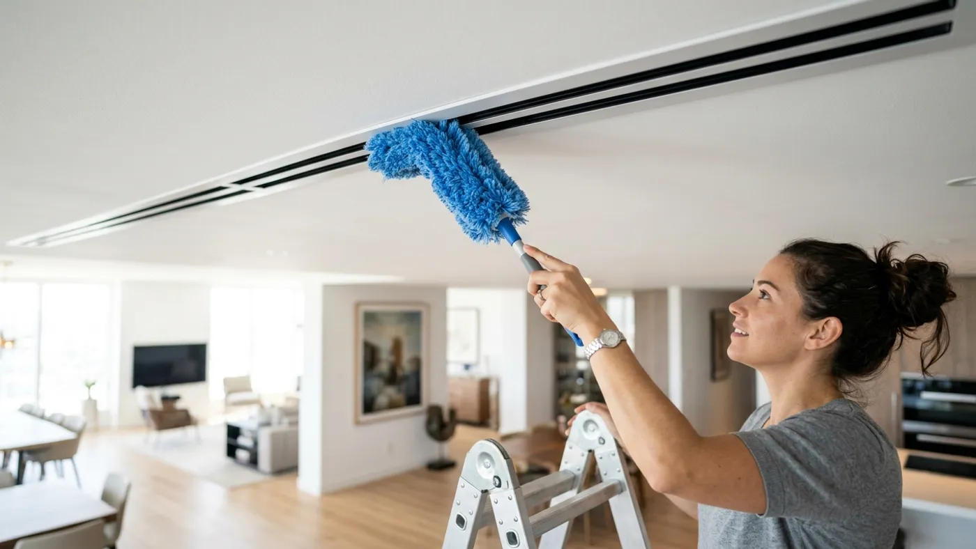 Close-up shot of a person using a blue microfiber wand to dust ceiling air conditioning linear slot vents