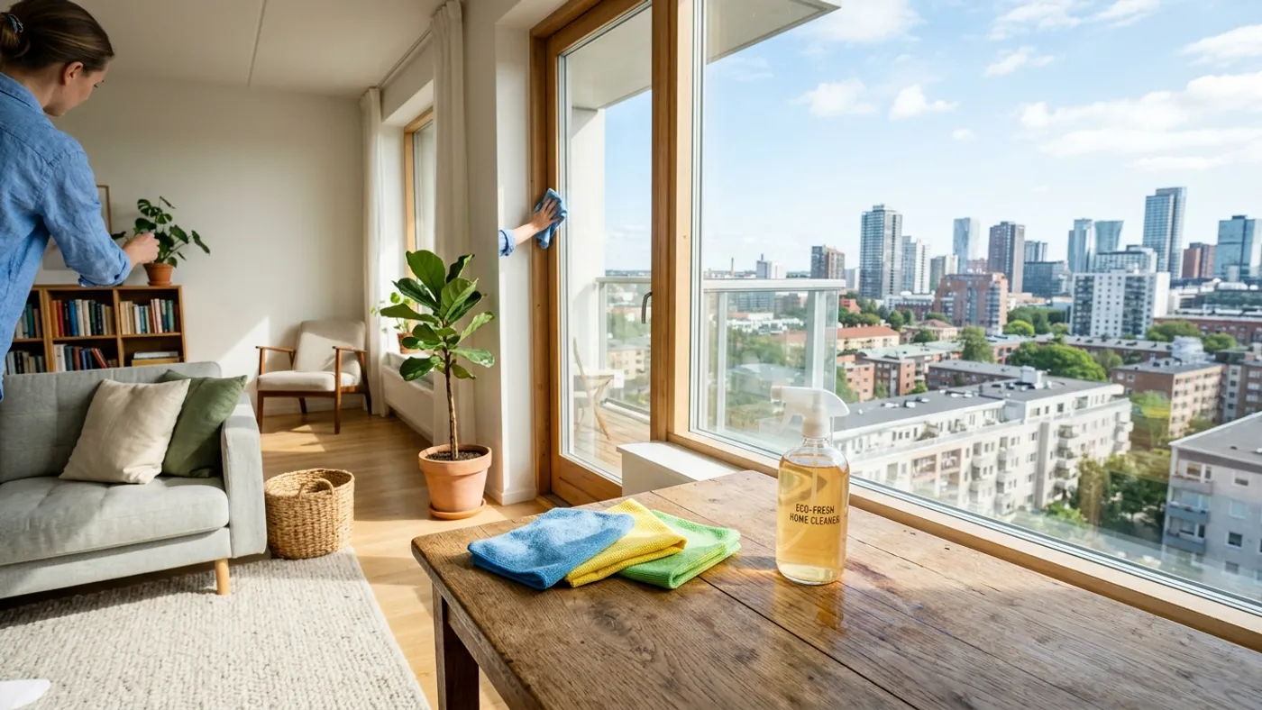 Sunlit modern apartment living room during seasonal cleaning with microfiber cloths on wooden table
