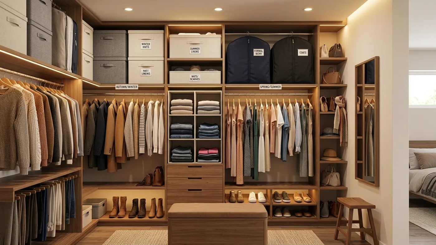Organized walk-in closet with seasonal clothing stored in neat fabric containers and hanging garment bags