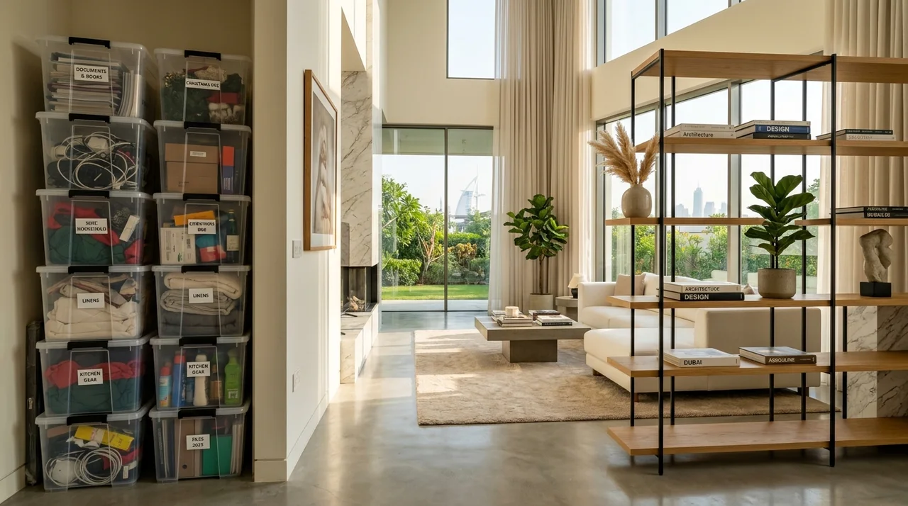 Bright modern Dubai villa living room contrasting decluttered open shelving with a corner stack of labeled storage boxes