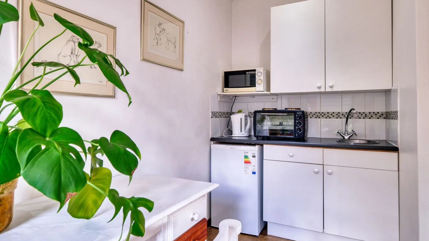 Compact white kitchenette with an under-counter fridge, a worktop oven, a microwave on a shelf, a kettle and a small stainless sink