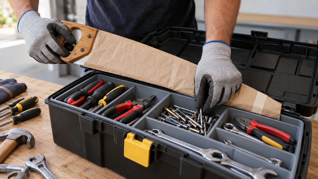 Gloved hands covering a hand saw blade and sorting screwdrivers, pliers, spanners and loose bits into a compartmented toolbox