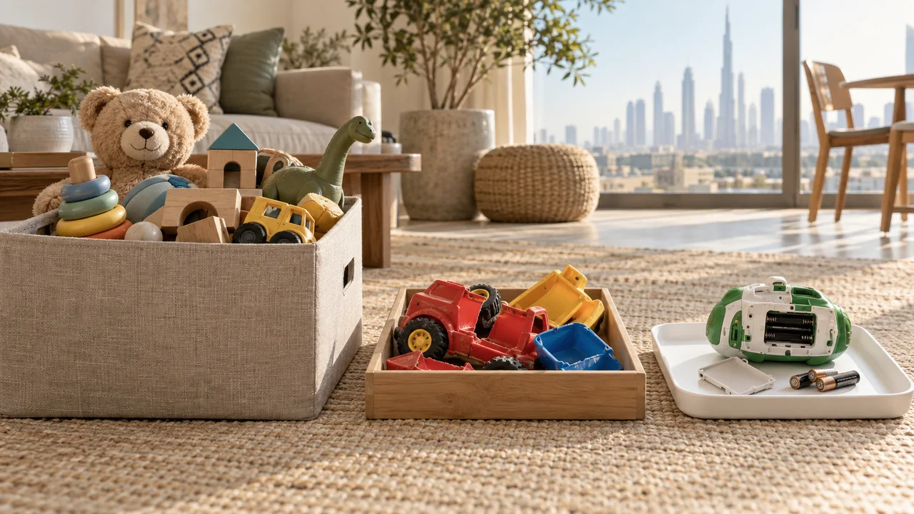 Three groups of toys in a Dubai apartment with complete toys boxed for donation broken plastic toys separated and an electronic toy isolated