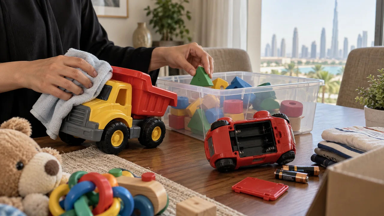 Adult cleaning a toy truck beside complete toy pieces and an electronic toy with its battery compartment open