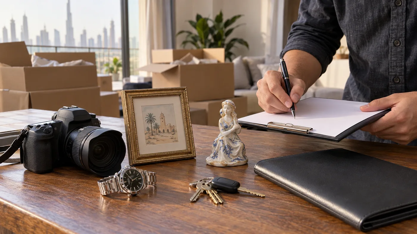 Person recording household item details on a plain clipboard beside a camera, framed print, watch, ceramic figure, keys and document folder