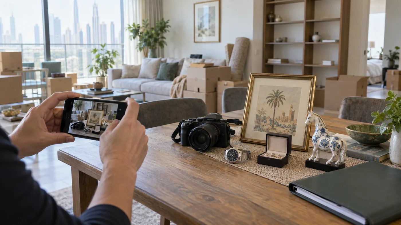 Person photographing a camera, framed print, wristwatch, jewellery box and ceramic ornament on a dining table in a partly packed apartment