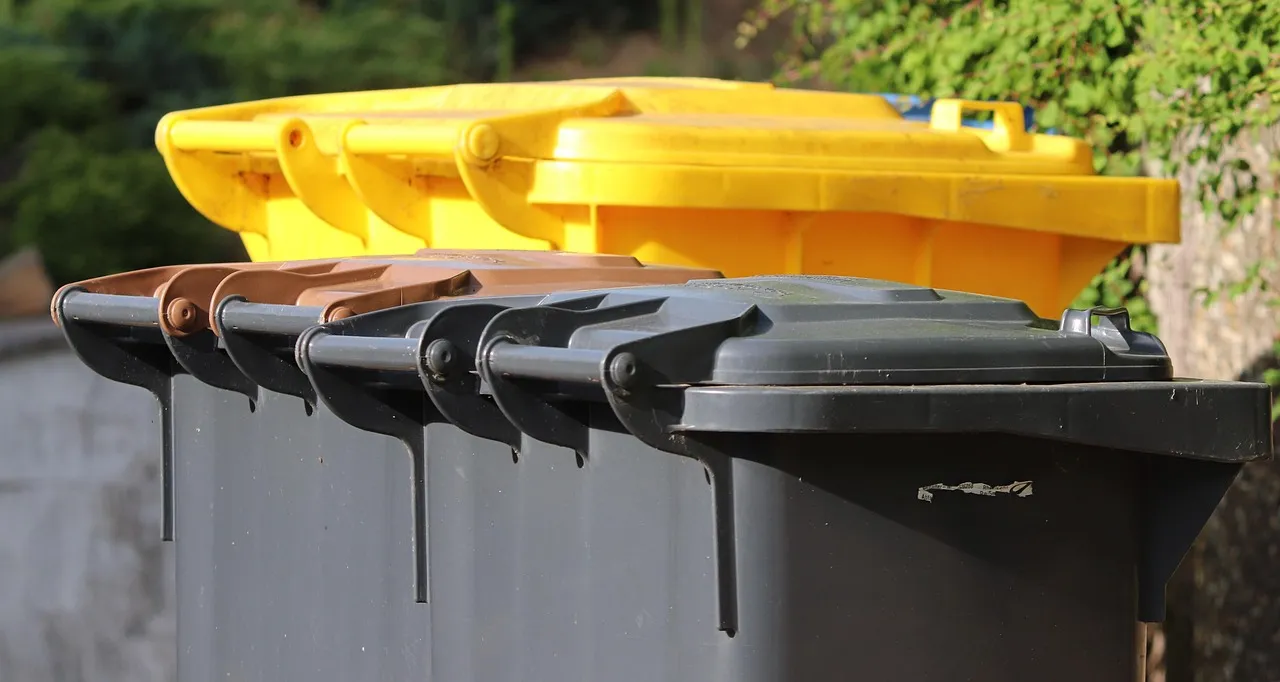 Row of wheeled waste bins with yellow, brown and grey lids lined up beside a garden wall