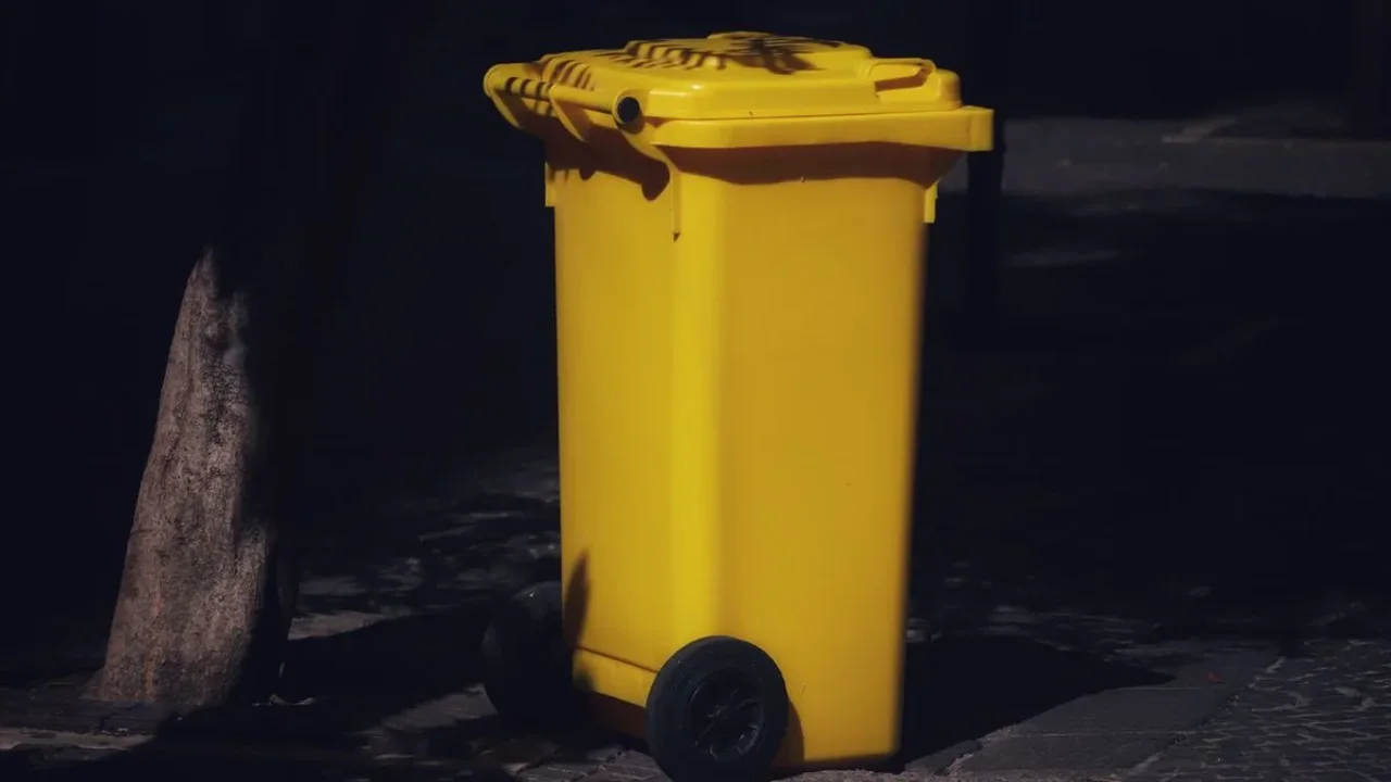 Yellow lidded wheelie bin standing on paving in deep shade beside a tree trunk