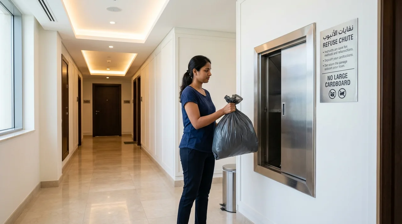 Resident holding a properly tied garbage bag in front of a residential apartment stainless steel refuse chute door