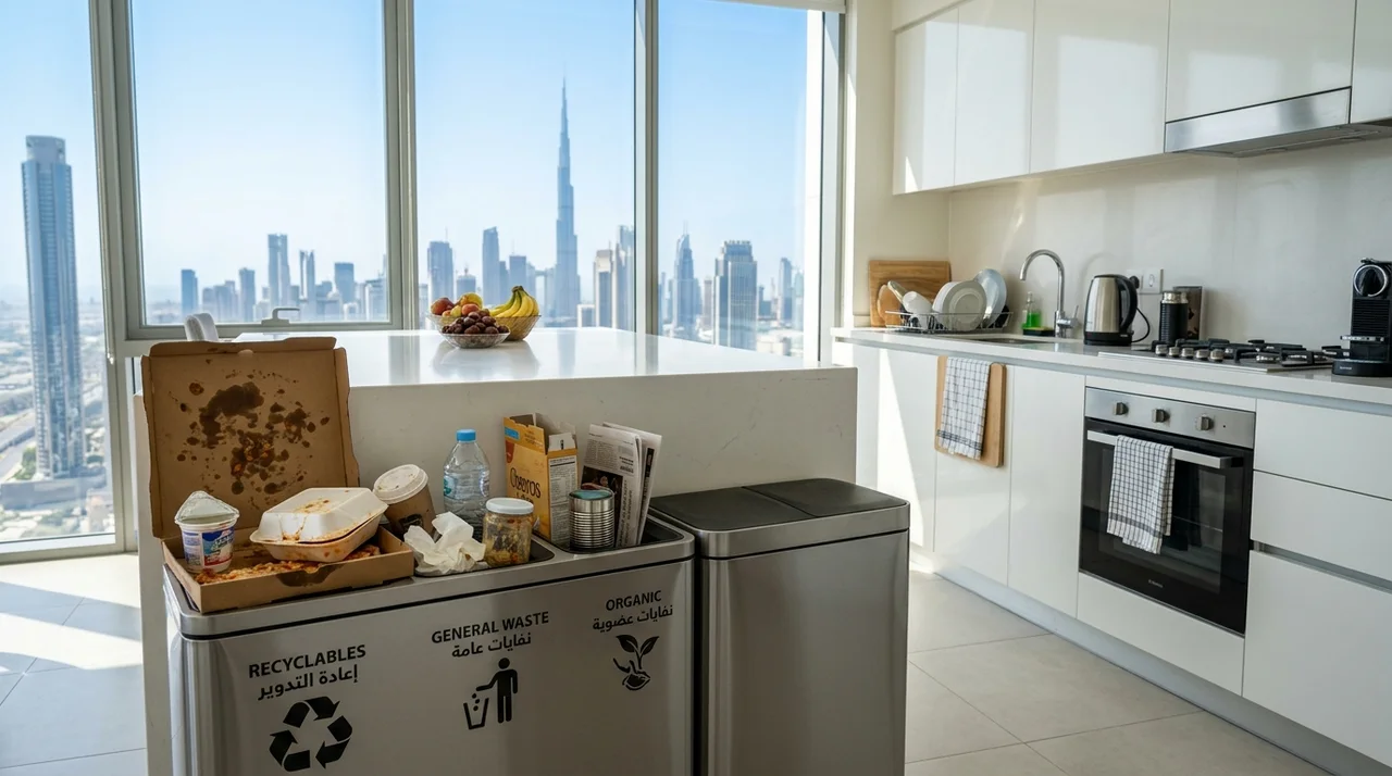 Modern kitchen refuse sorting station with recycling contamination next to clean segregated household waste