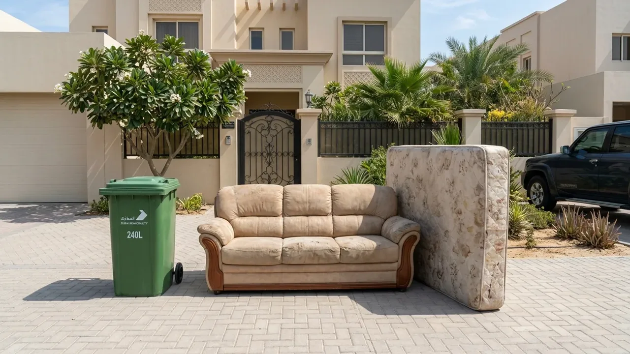 Green household wheelie bin beside an oversized sofa and upright mattress outside a Dubai villa
