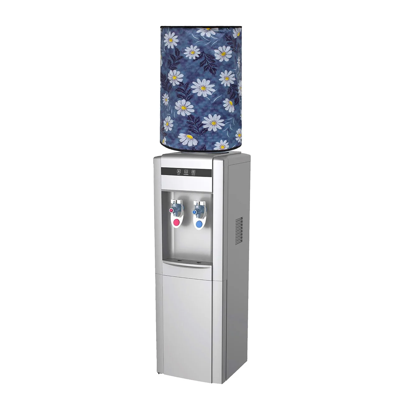 Silver floor-standing hot and cold water dispenser with a floral fabric bottle cover on top, twin taps over a drip tray and a vent grille on the side panel