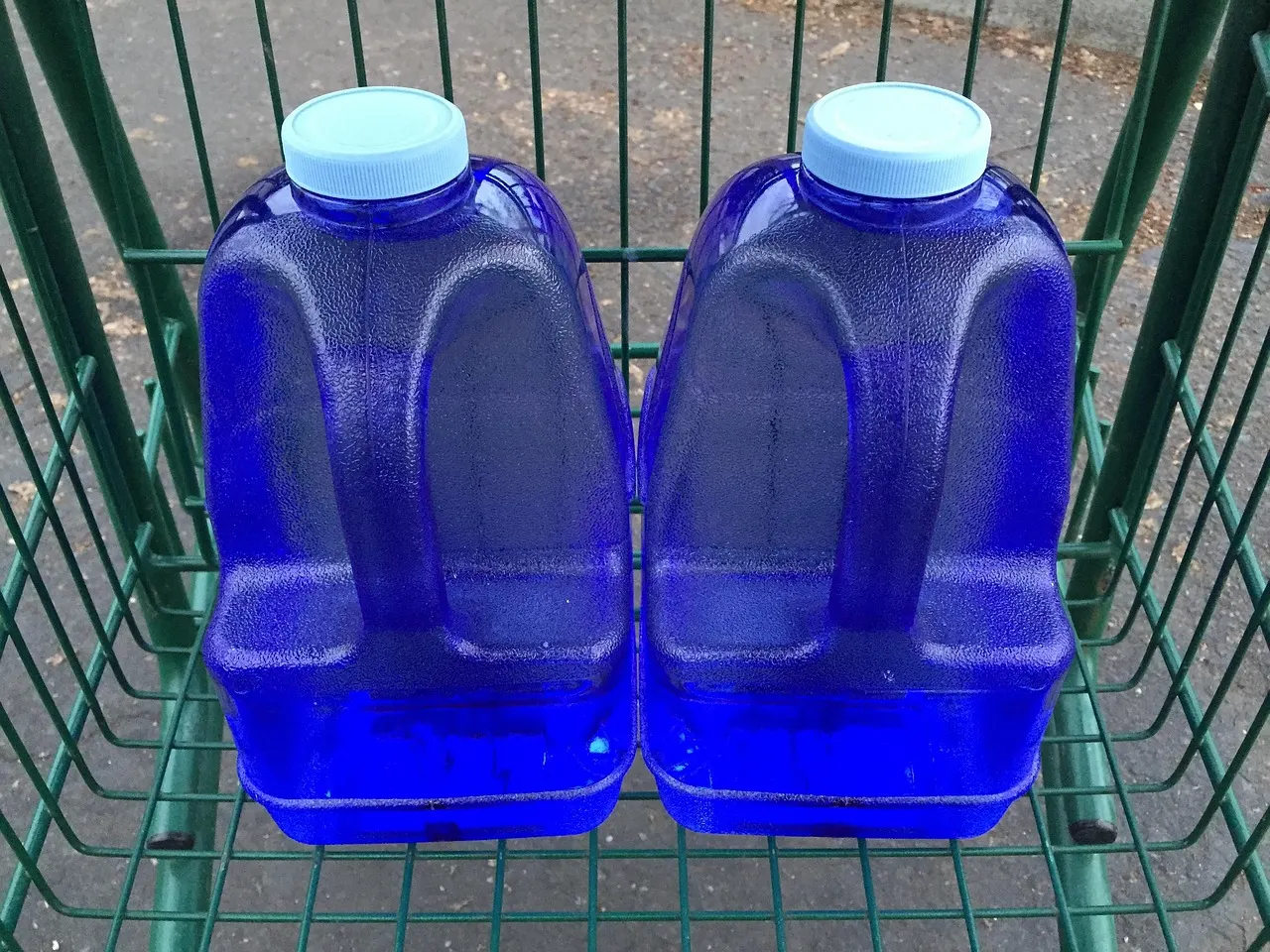 Two blue polycarbonate water bottles with pale blue screw caps standing upright side by side in a green wire trolley basket