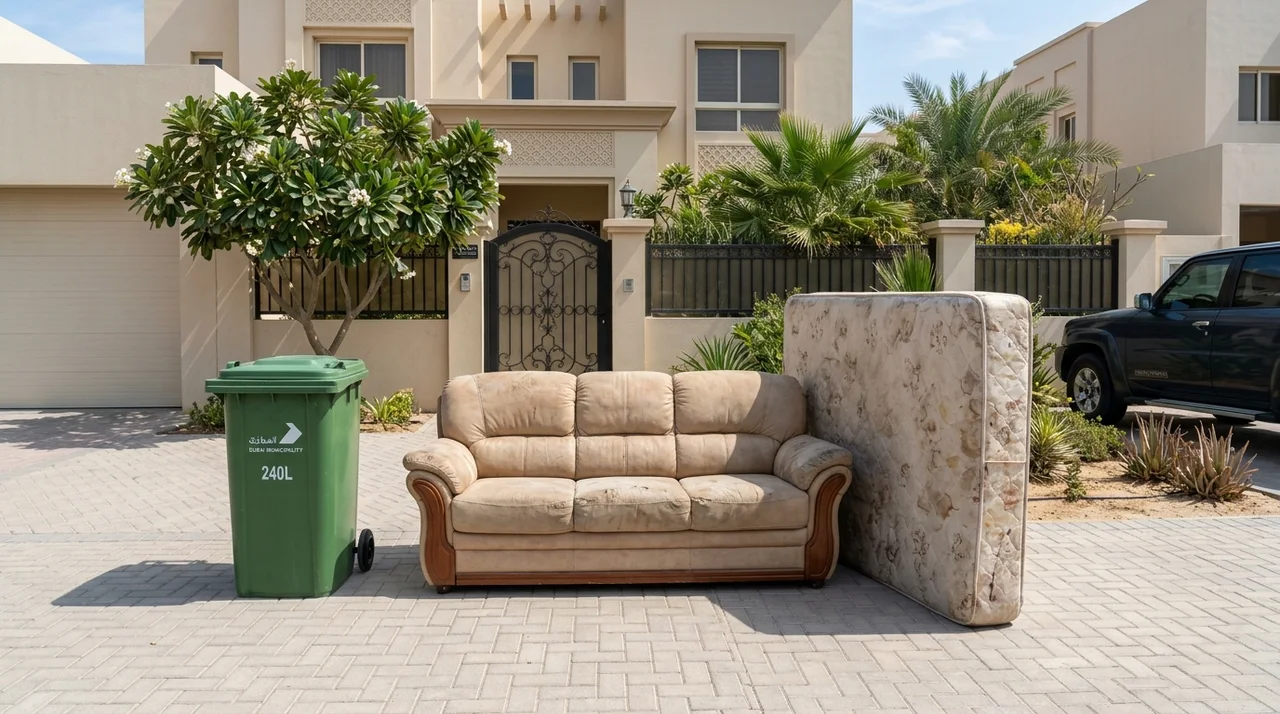 Side by side visual scale comparison in a Dubai driveway showing a standard green wheelie bin next to an oversized sofa and mattress