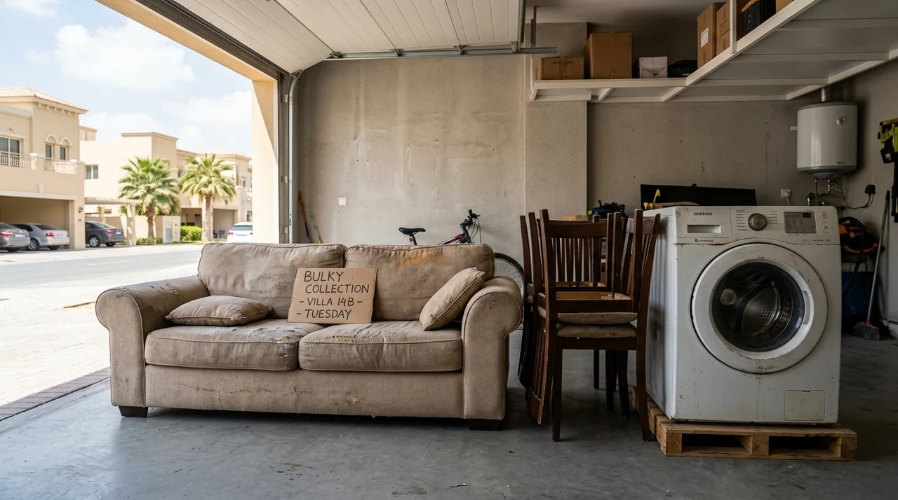 Oversized household furniture and appliances neatly staged inside a residential villa garage awaiting bulky waste collection in Dubai