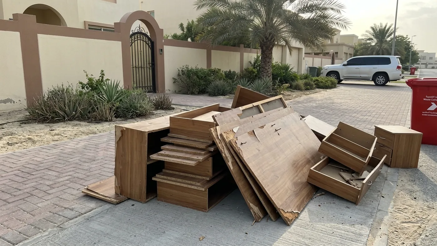 Dismantled worn particle-board furniture panels and damaged drawers stacked beside a villa driveway for disposal