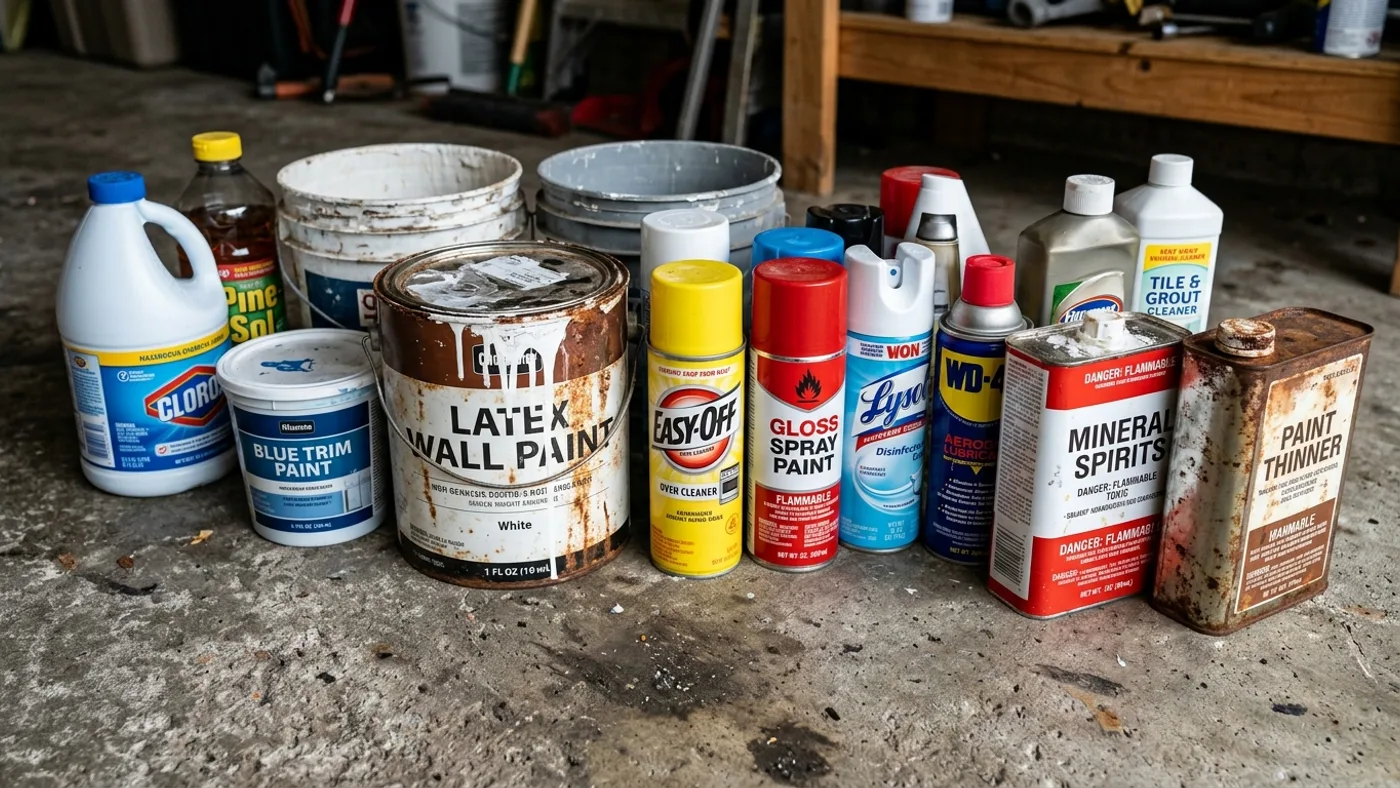 Assorted household hazardous items including wall paint cans, aerosol spray cans, bleach bottles, and mineral spirits grouped on concrete