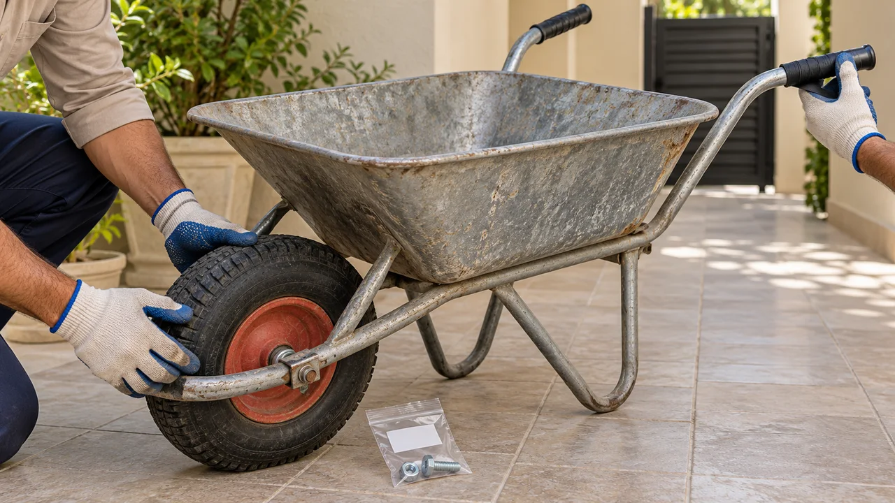 Gloved hands checking a wheelbarrow tyre and handle grips beside a small bag of loose axle hardware