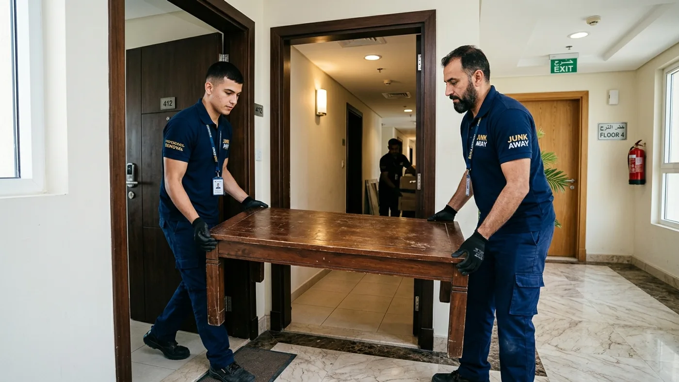 Two professional junk removal workers carrying a wooden table out through an apartment hallway doorway